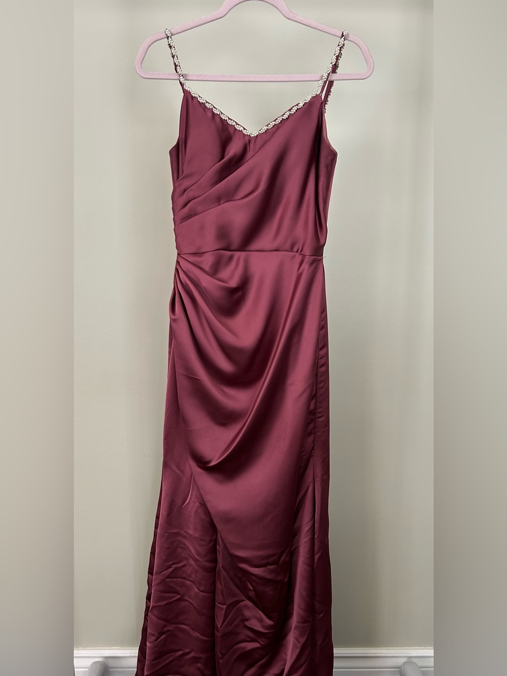 Mori Lee Rosewood Satin Maxi Dress with Beaded Trim